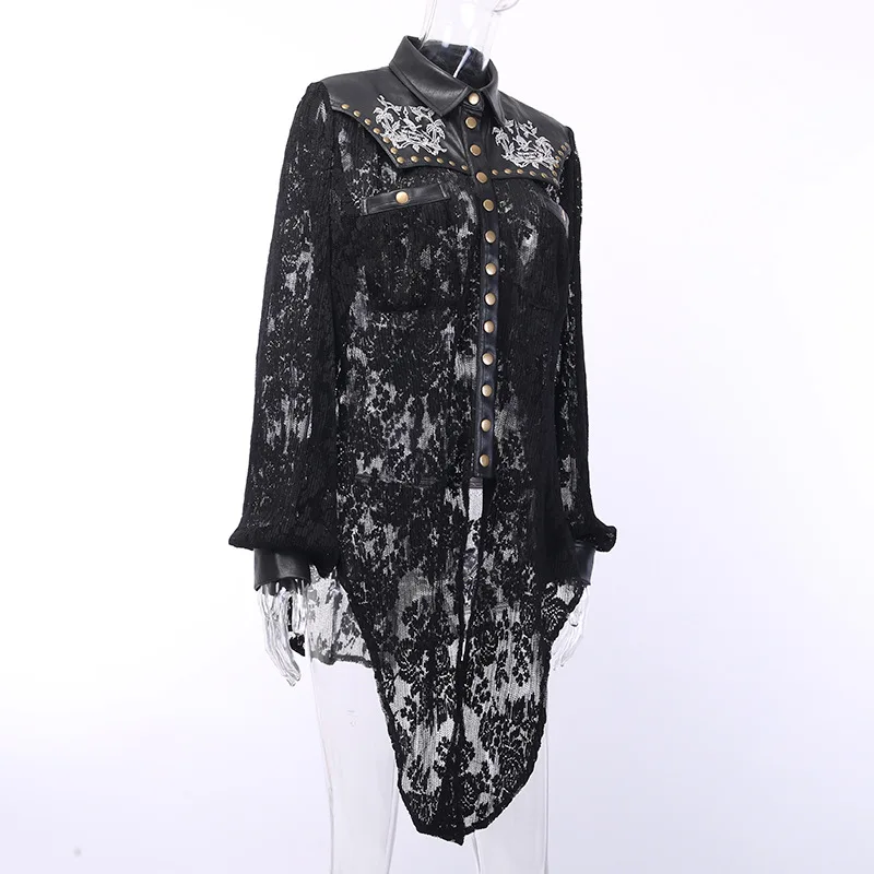 Sexy Lace PU Leather Jackets Coat Women Autumn Black See Through Tops Skull Print Fashion Punk Rivet Streetwear Outerwear Female