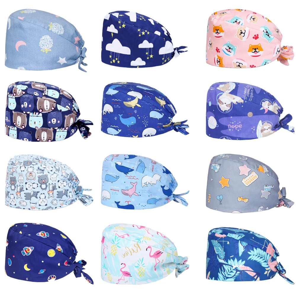 Оптовая продажа шапки-скрабы с рисунком аниме шапки из 100% хлопка для женщин и