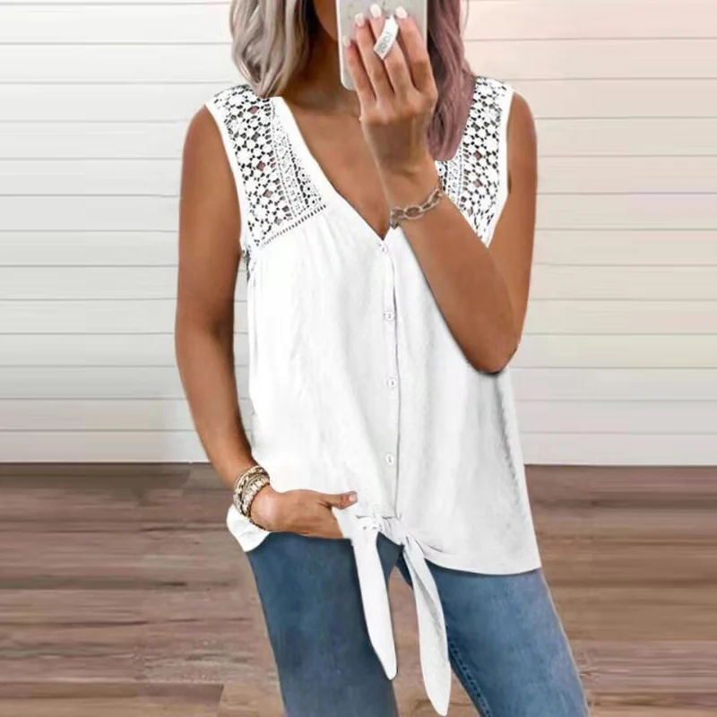 

2021 Women Summer V Neck Button Blouses Shirts Casual New Lace Patchwork Tops Vintage Lace-Up Sexy Sleeveless Blusas Streetwear