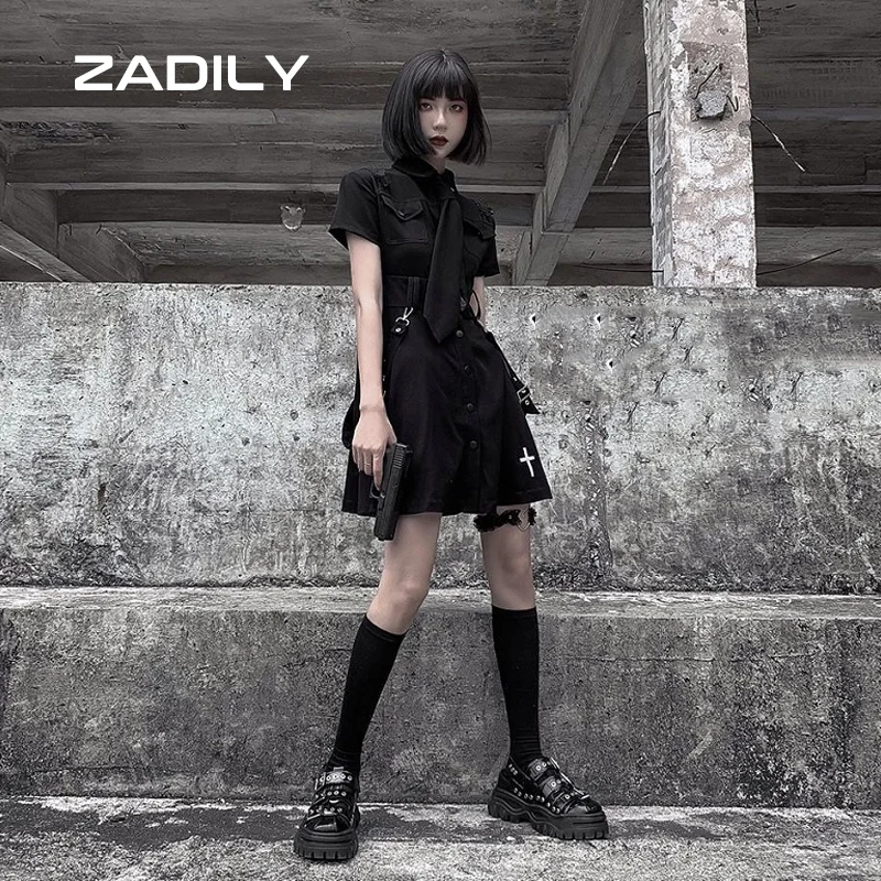 

ZADILY Street Style Tie Button Up Women Shirt Dress Y2K Short Sleeve Ladies Gothic Black Mini Dresses 2021 Summer Party JK Dress