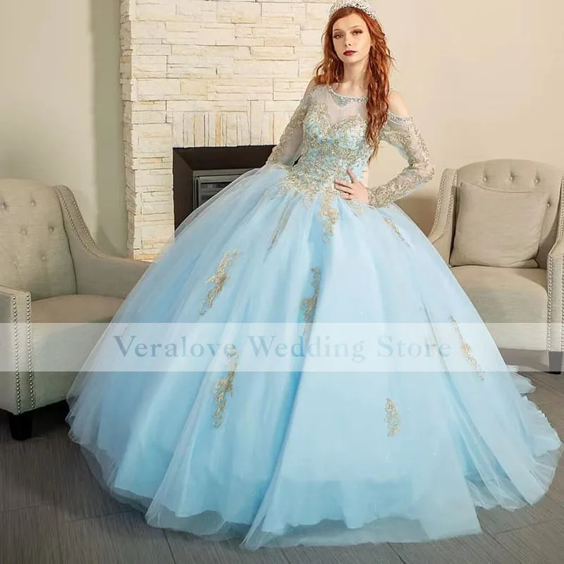 

Sweet Graduation Robes Sky Blue Vestidos Quinceanera Dress 2021 Lace Appliqued Long Sleeves Ball Gown Prom Dress
