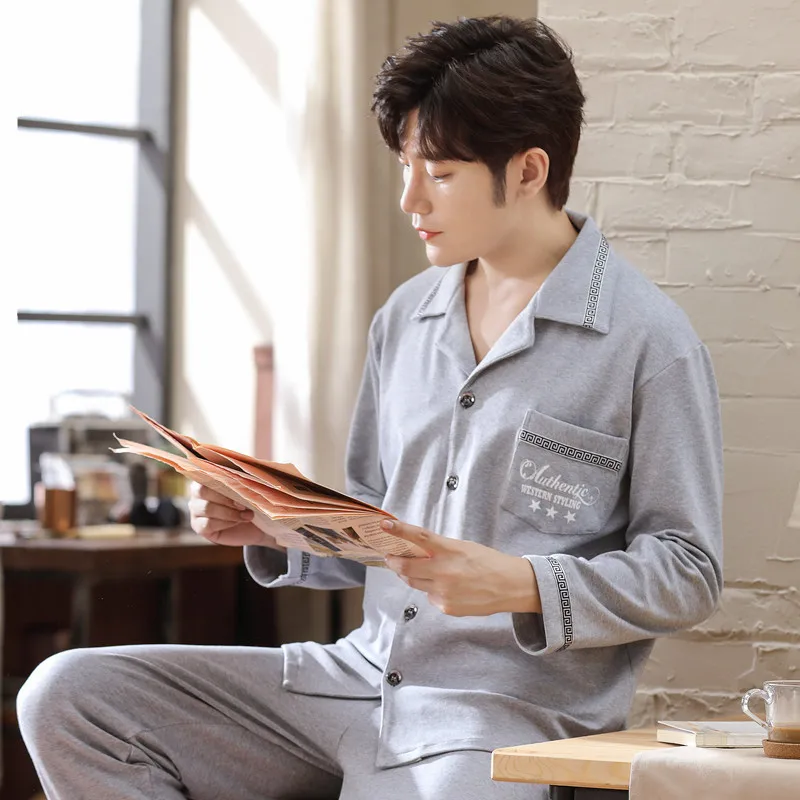 

Пижама Мужская с длинным рукавом, Свободная Повседневная Ночная рубашка, комплект из двух предметов, хлопковая одежда для сна, домашняя оде...