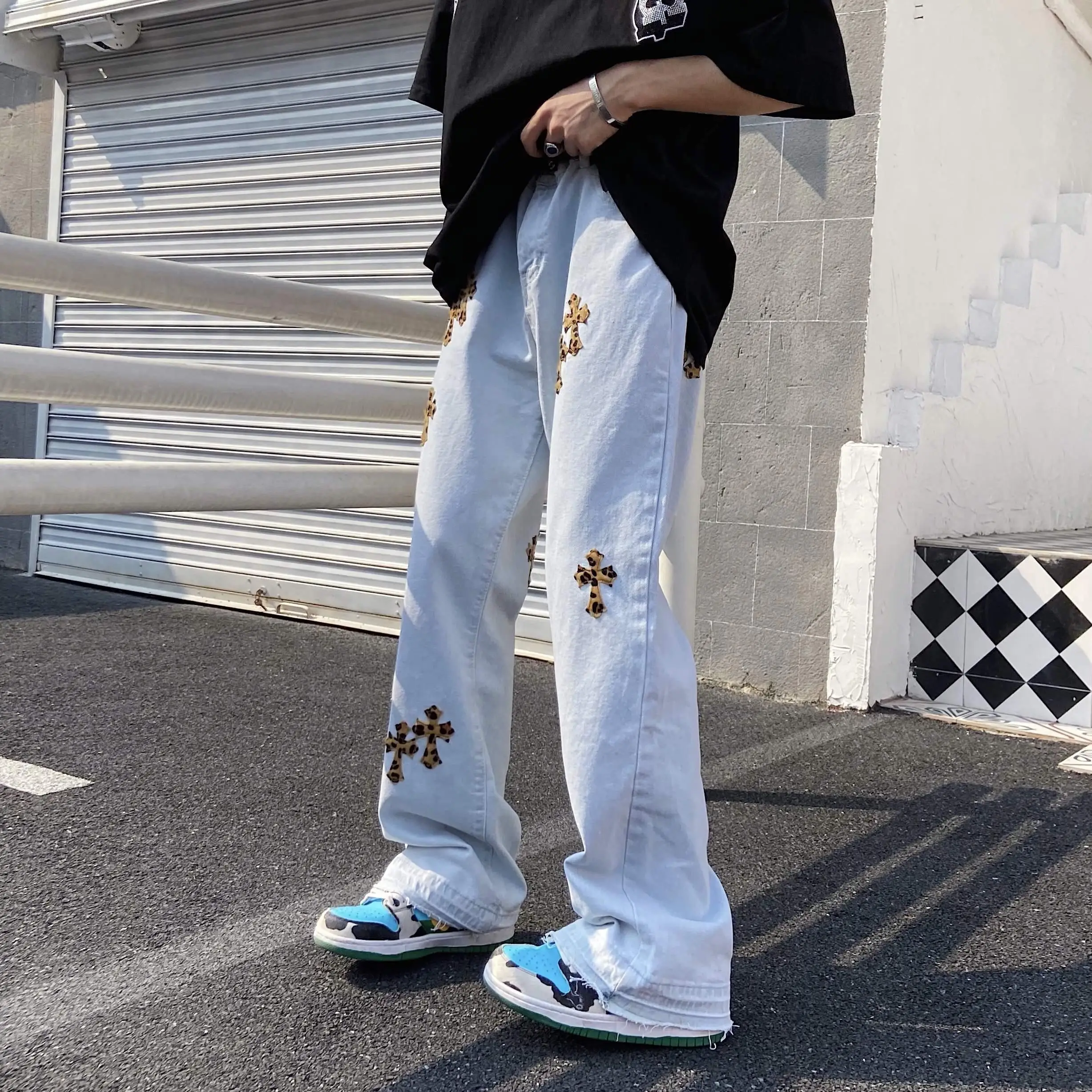 

Cross Embroidery Jeans Men 2021 Hip Hop Micro Flared Pants Baggy Wide Leg Jeans for Men Women Streetwear trousers Straight
