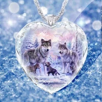 heart shaped crystal glass snow wolf king family pendant necklace womens religious amulet accessories party jewelry girl gift