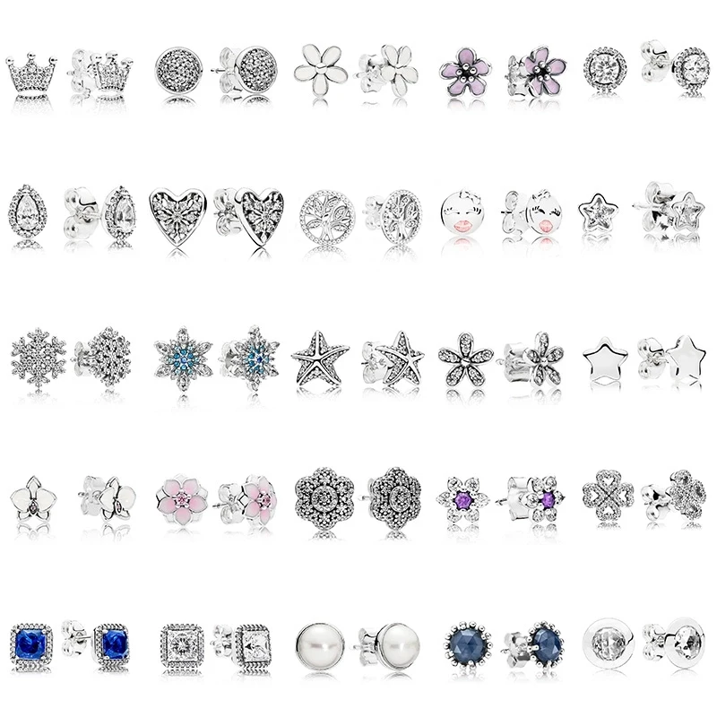 

100% 925 Sterling Silver pandora Studs Earring Round Flower Heart Blue Crystal Studs Earring For Women Jewelry Gift