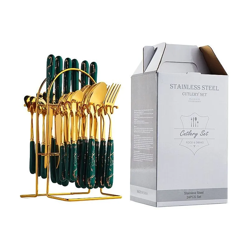 

24PCS Stainless Steel Dinnerware Hanging Shelf Wedding Party Knife Spoon Fork Marble Porcelain Ceramic Cutlery Set Gift Box
