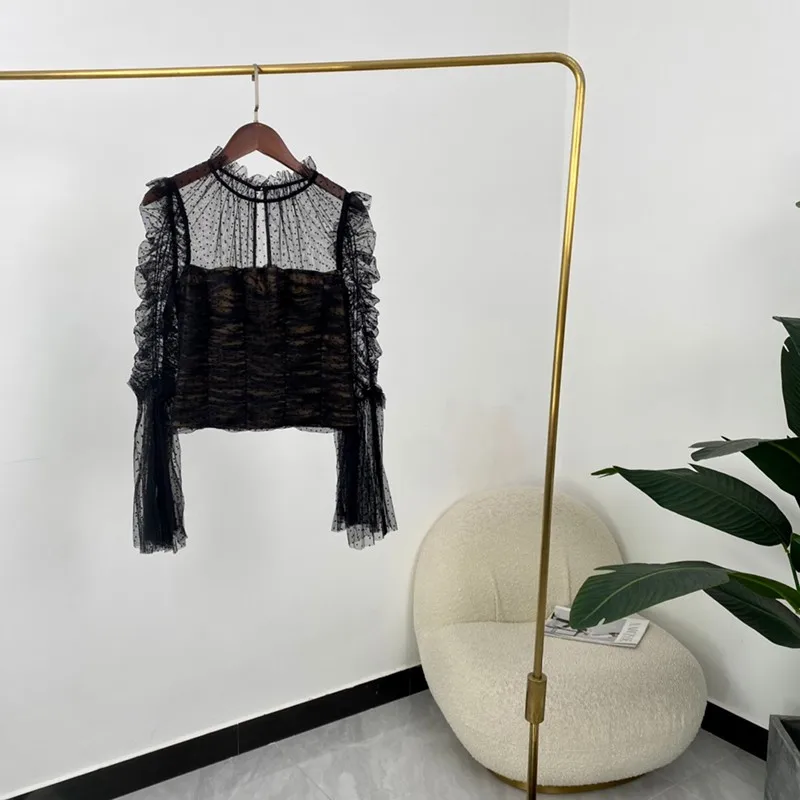 

Sexy See Through Mesh Tops Blouse 2021 Autumn Women French Fashion Style High Quality Velvet Black Dots Long Flare Sleeve
