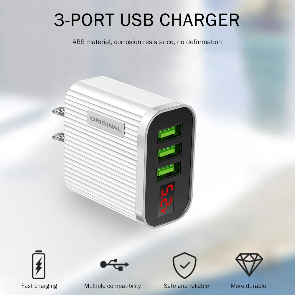 

Durable Digital Display 3 USB Charger for Smartphone Tablet 3A Multi-functional Practical Convenient USB Wall Charger Adapter