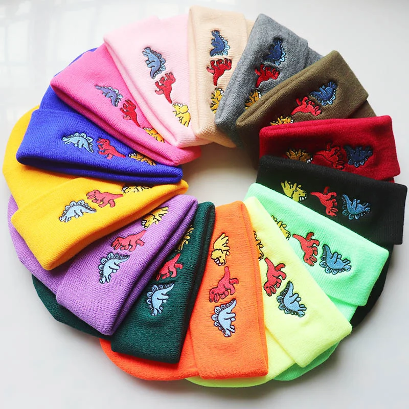 

Autumn Winter Student Hats Small Dinosaur Embroidery Knitted Cartoon Patterns Fashion Beanies Knitted Hats Boys Girls Casual Hat