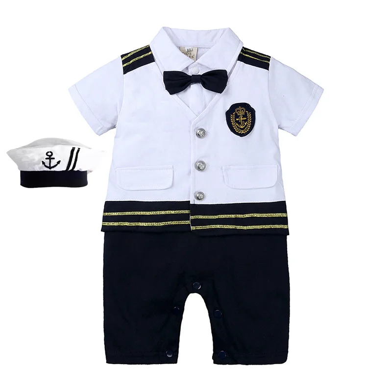 

Newborn Baby Boy Captain Pilot Costume Toddler Intant Jumpsuits Short Sleeve Sailor Navy Summer Clothes Baby Onesie Rompers Hat