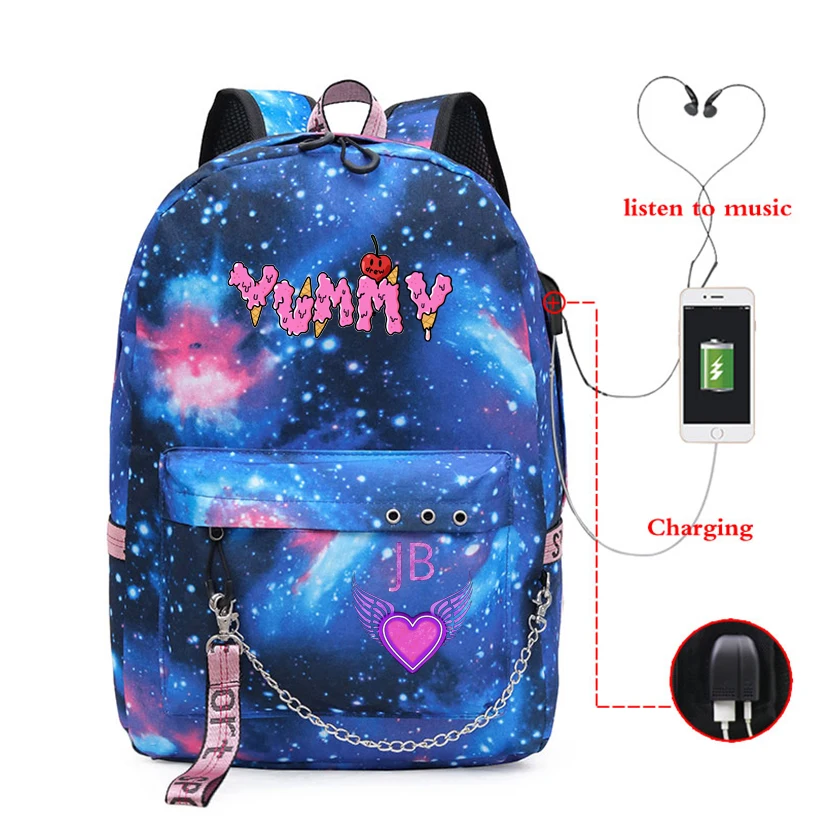 

Female Backpacks Shoulder Bag Vintage Fashion Design Women Backpack Rucksack with Usb Charging justin Bieber Yummy Bookbag
