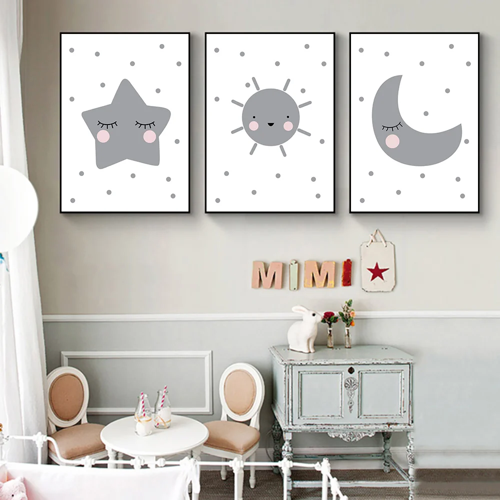 Серая луна облако солнце холст с принтом настенная живопись детский постер