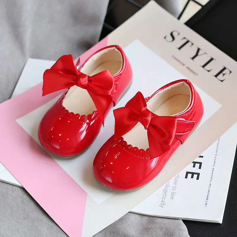 Princess Girls Shoes Toddlers Infants Leather Shoes Children's Flats With Ribbon Bow-knot PU Patent Leather Kids Mary Janes Soft