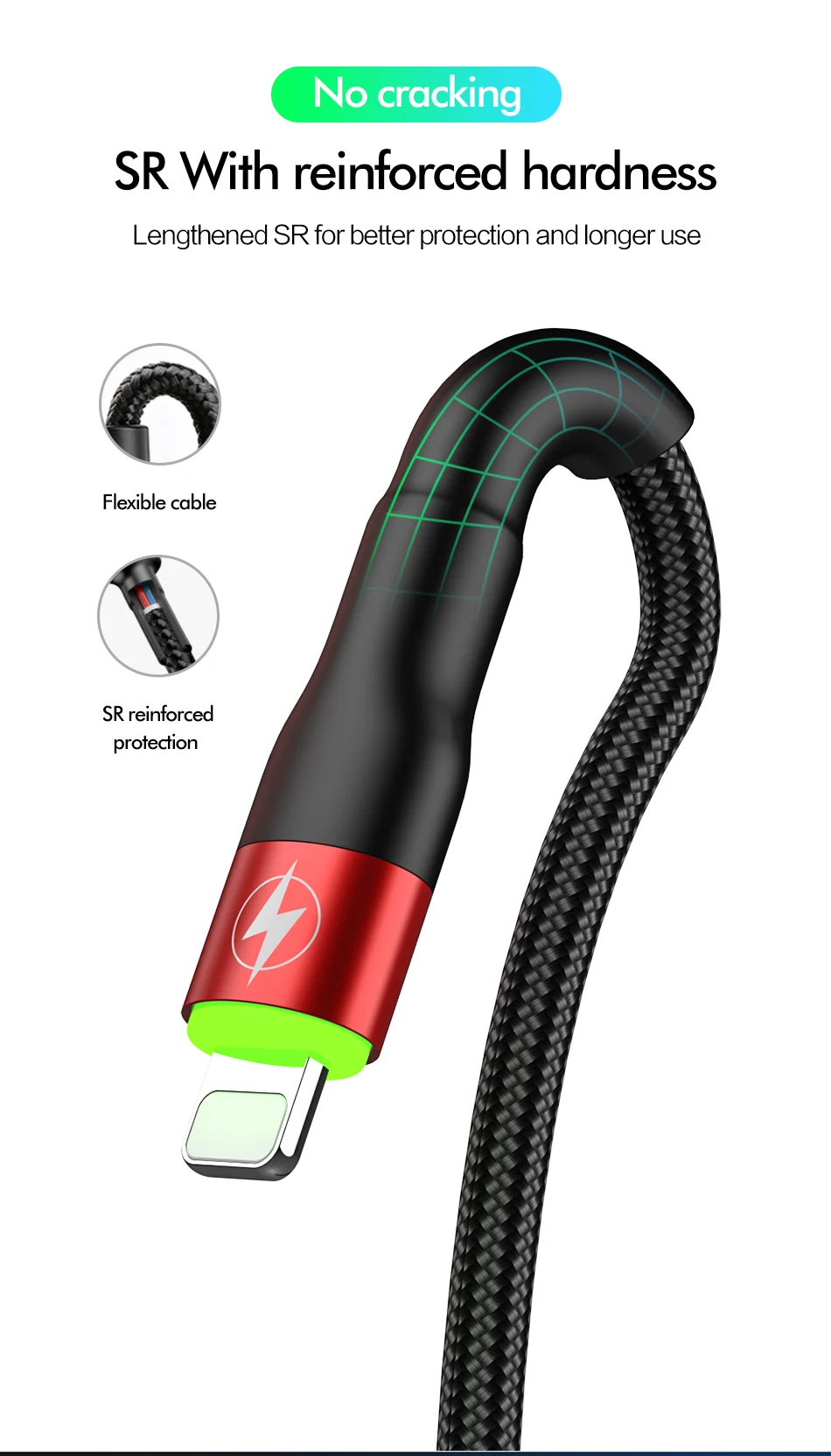 ROCK SPACE 1m 2m 3.1A Hi-Tensile USB Cable For Apple iPhone 11 PRO X XS 8 7 6 Plus Fast Charger Data Cable Charge Sync