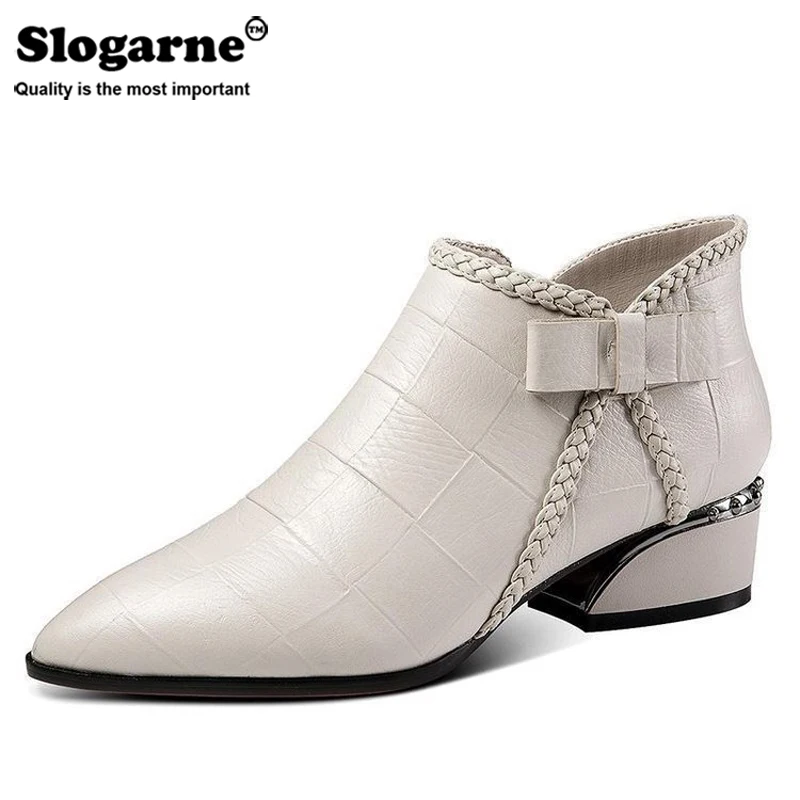 

Women's Autumn Winter Short Boots Pointed Toe Thick Heels Side Zipper Lady Ankle Chelsea Boots Top Leather Waterproof New Shoes