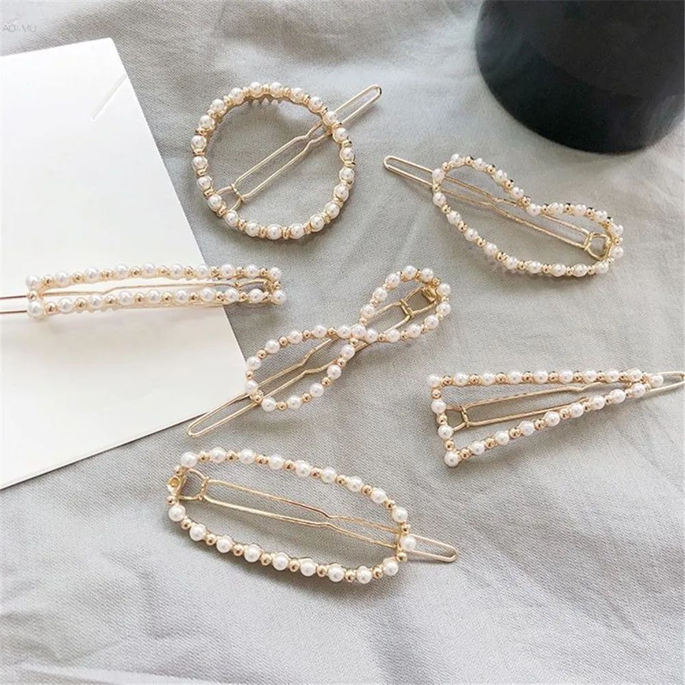 

Women Fashion Geometric Round Triangle Hair Clips Imitiation Pearl Hairpins Accessories Hairstyle Design Styling Barrette New