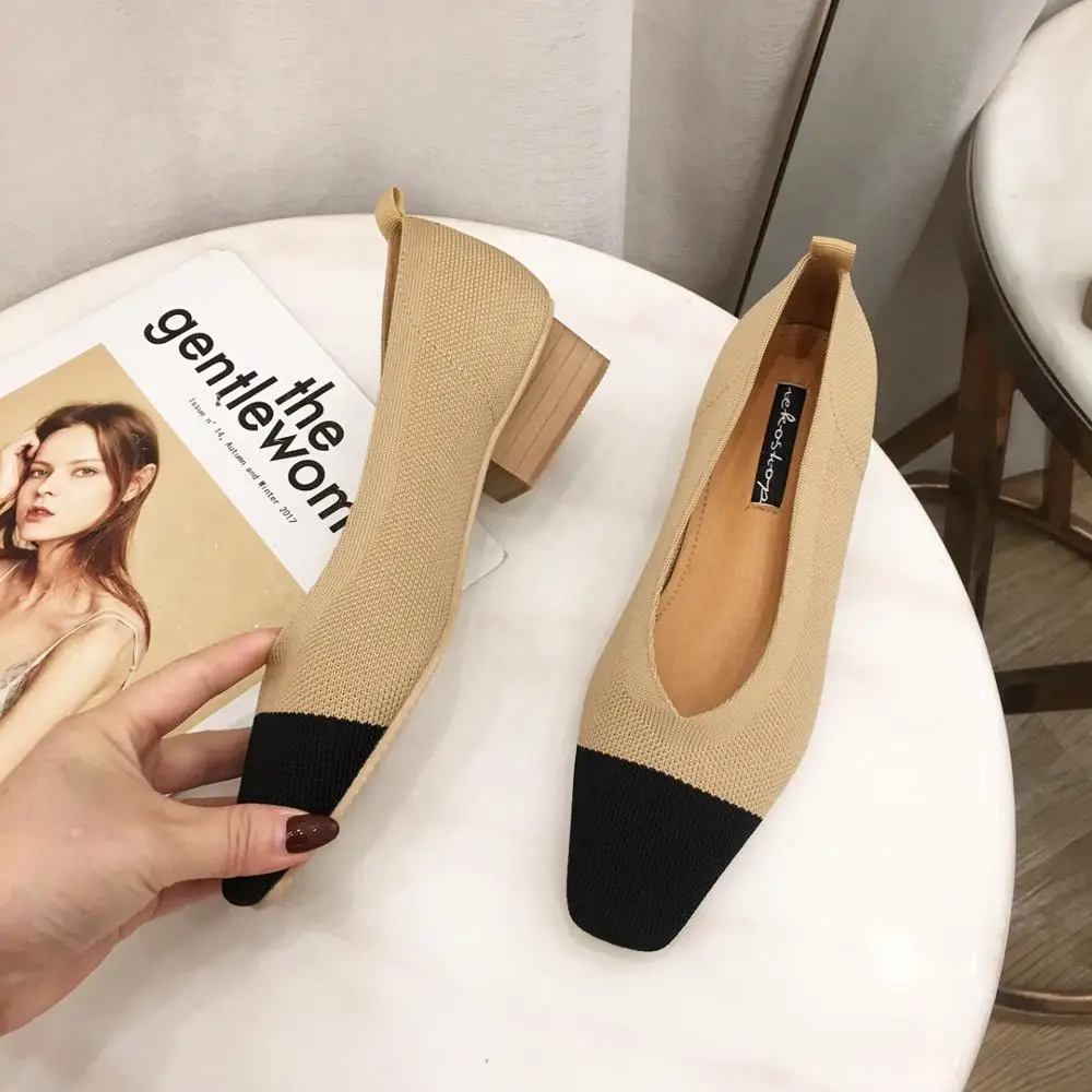 Новые женские туфли-лодочки sapato feminino; Дышащие Трикотажные Мокасины с острым носком и квадратным носком; Разноцветные лоферы; женская обувь с гибкой подошвой на каблуке