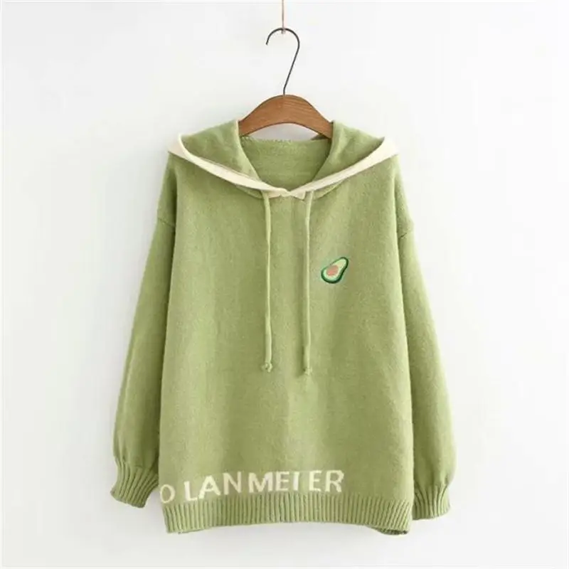 HF19240 Green H. SA, женские зимние пуловеры, с капюшоном, вязаные Джемперы, мультфильм, фрукты, вышивка, негабаритный, пуловер, с капюшоном, топы, Femme Robe - Цвет: HF19240 Green