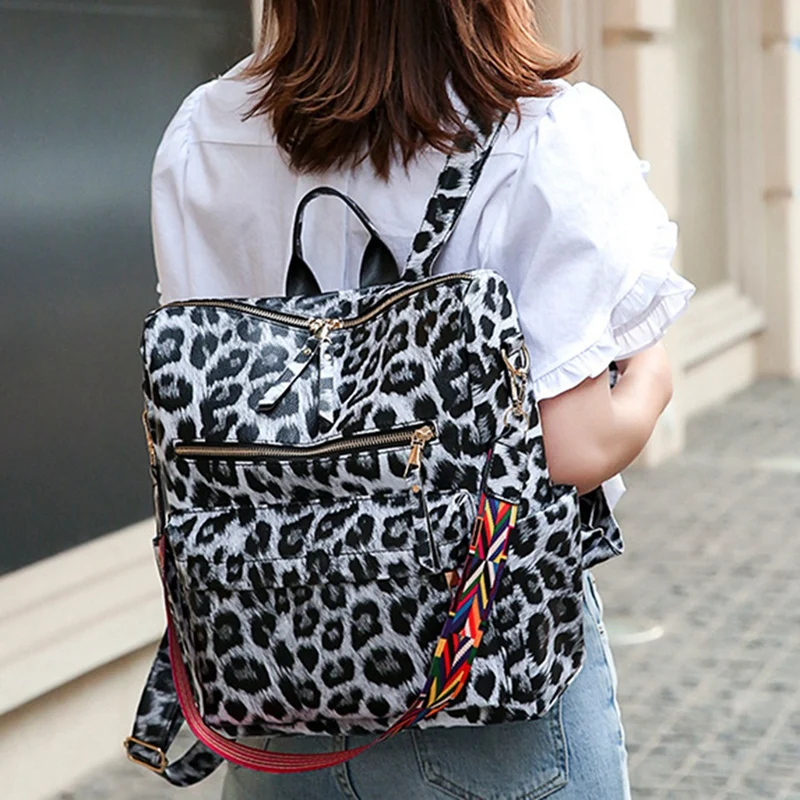 

ASDS-European and American Ladies Pu Backpack Trend Leopard Print College Student Schoolbag Female Casual Backpack