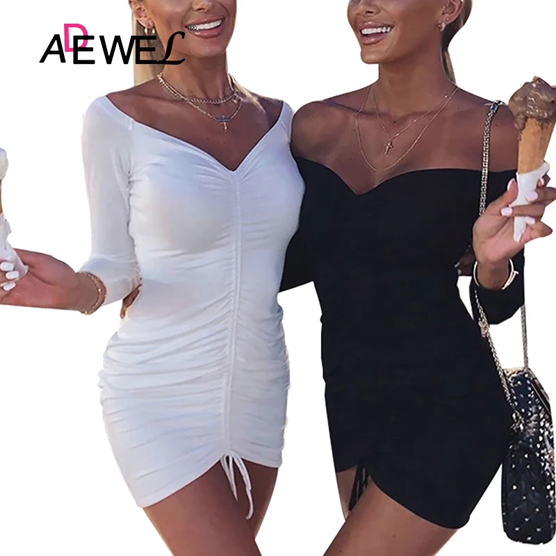 

ADEWEL Sexy One Shoulder White Dress Solid Color Fold Dress Women Vestidos Verano 2019 Mujer Vestido De Festa Summer Dresses XL