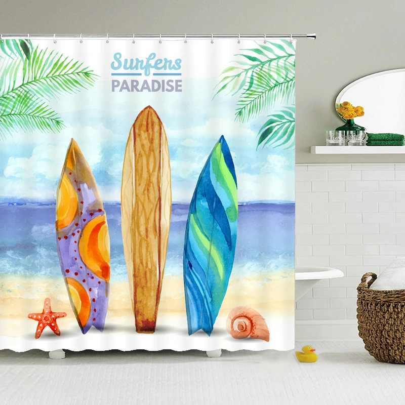 

Bathroom Waterproof Bath Curtains Beach Sea Shell Shower Curtain With12 Hooks Polyester Cloth Home Bath Curtain Bathtub Screen