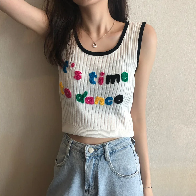 

Cottagecore Tank Tops Summer Women Sweet Embroidery Short Knitted Sleeveless Tops 2021 INS Korean Fashion Same Tees All Match