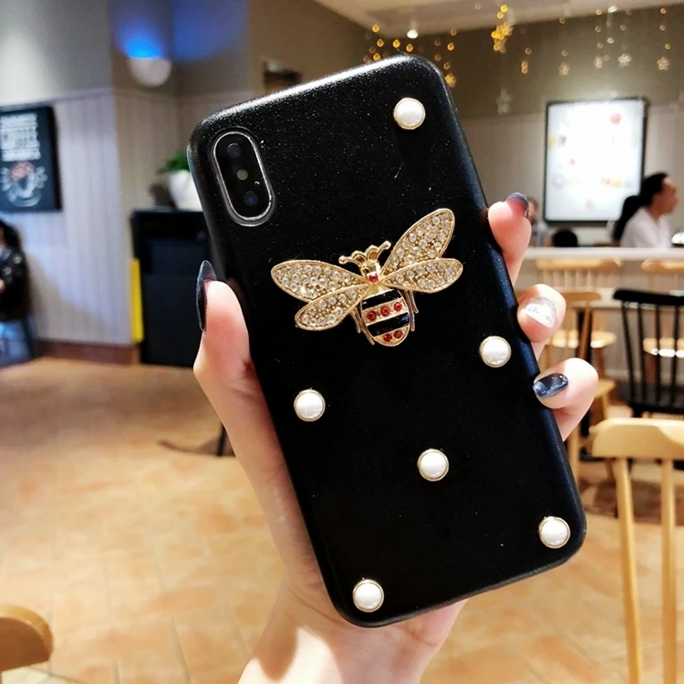 Роскошный кожаный мягкий чехол для телефона для iphone 7 чехол 3D мода алмаз пчела жемчуг Классический чехол для iphone 6 6s 7 8 plus X XR XS Max