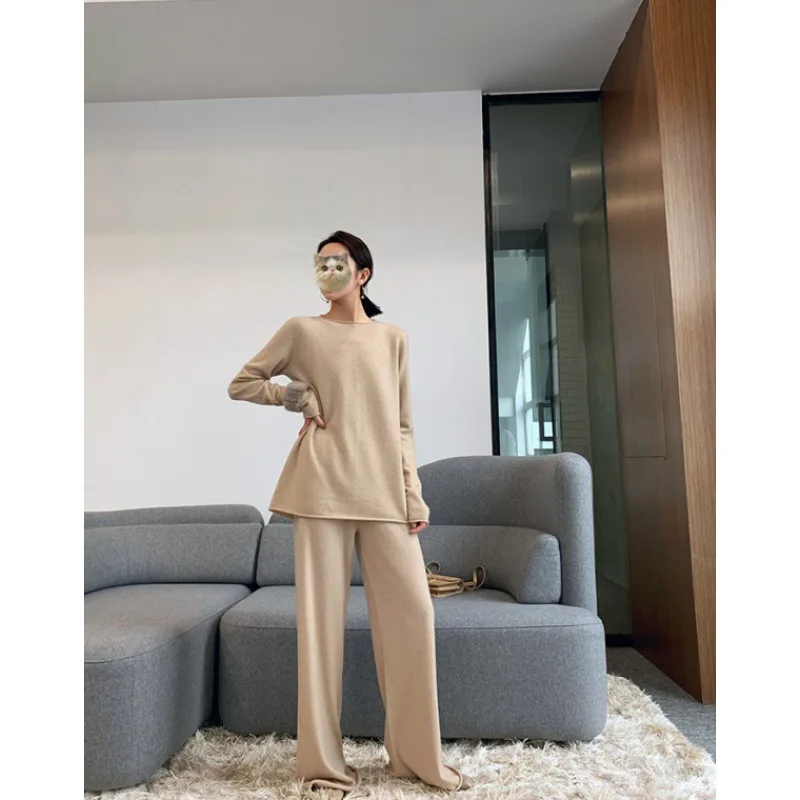 

fashion brand autumn and winter 2020 new cashmere suit women's round neck knitted sweater wide leg pants two piece suit