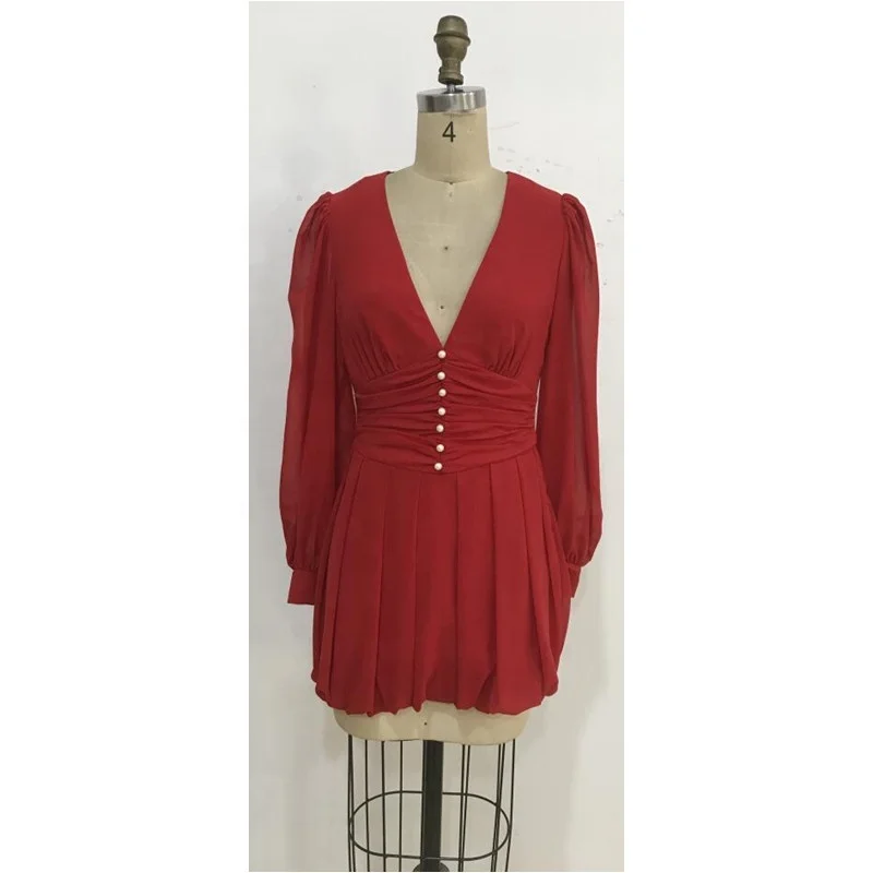 

Chiffon Party Red Pleated Womens Dress V Neck Ruffle Ruched Long Sleeve Beach Bodycon Dresses Party Evening Casual Clothing