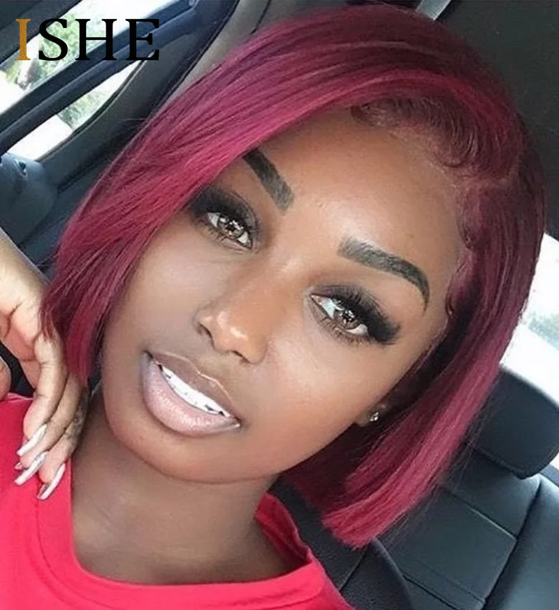 

Straight Red Short Bob Wigs 13x6 Lace Front Human Hair Wig 99J Burgundy Ombre Glueless Pre Plucked Remy For Black Women ISHE