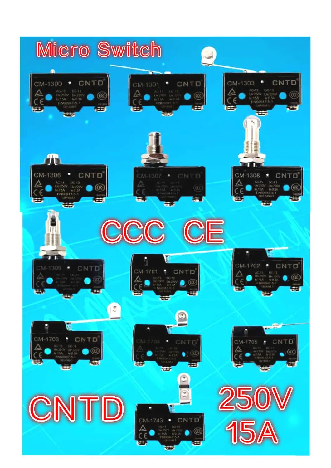 CNTD CM-1307 CM1701 1704 1308 1307 1703 1303 1300 1309 AC 250V 15A SPDT мгновенный высокояркий микропереключатель