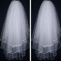 latest looking of new arrival high soft bridal illusion white ribbon edges with pearls bridal wedding veils