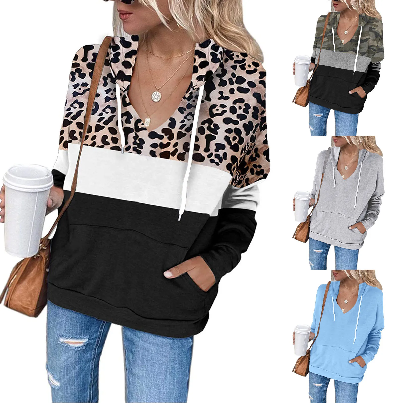 

Women's Colorblock Hooded Sweatshirt Casual V-neck Drawstring Long Sleeve Pullover Sweatshirts Loose Pocket Hoodies Tops