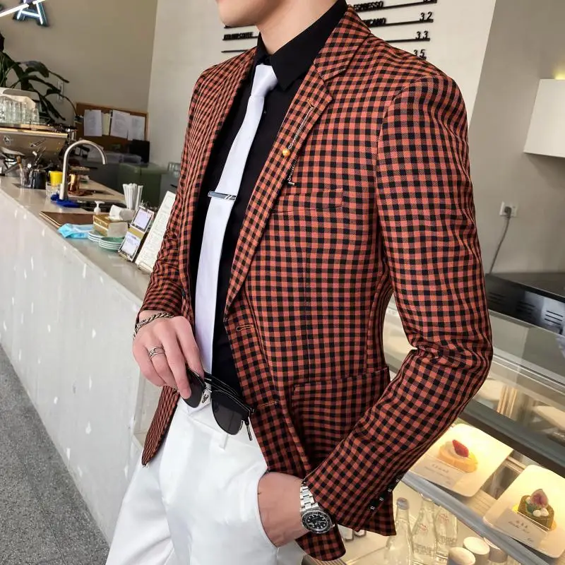 Мужской Клетчатый Блейзер деловой приталенный модная уличная одежда пиджак для