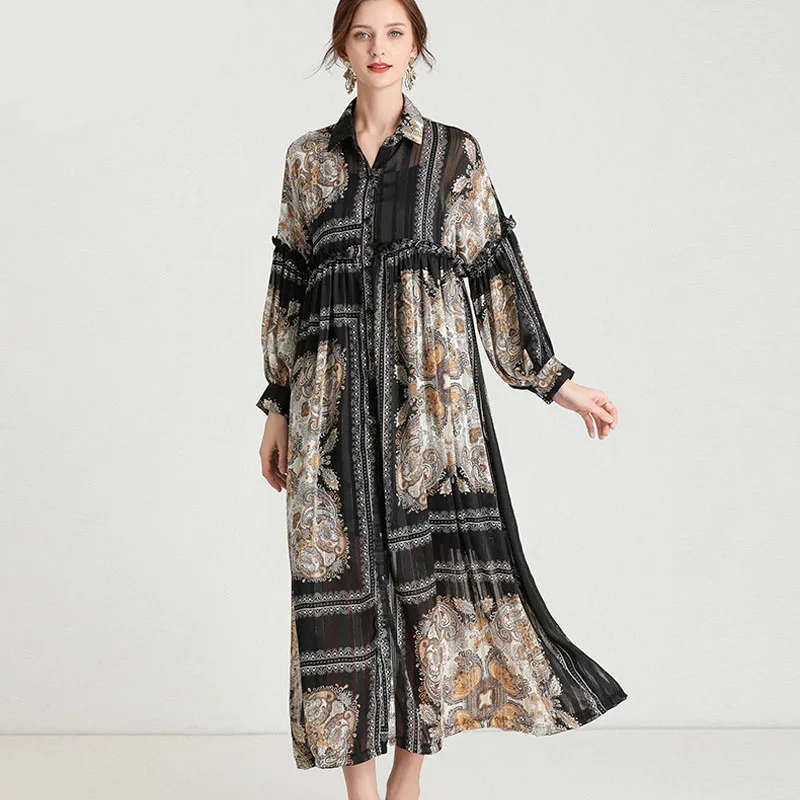 

Женская весенняя одежда в европейском и американском стиле, новое длинное Плиссированное шифоновое модное платье с отворотом для пышных де...