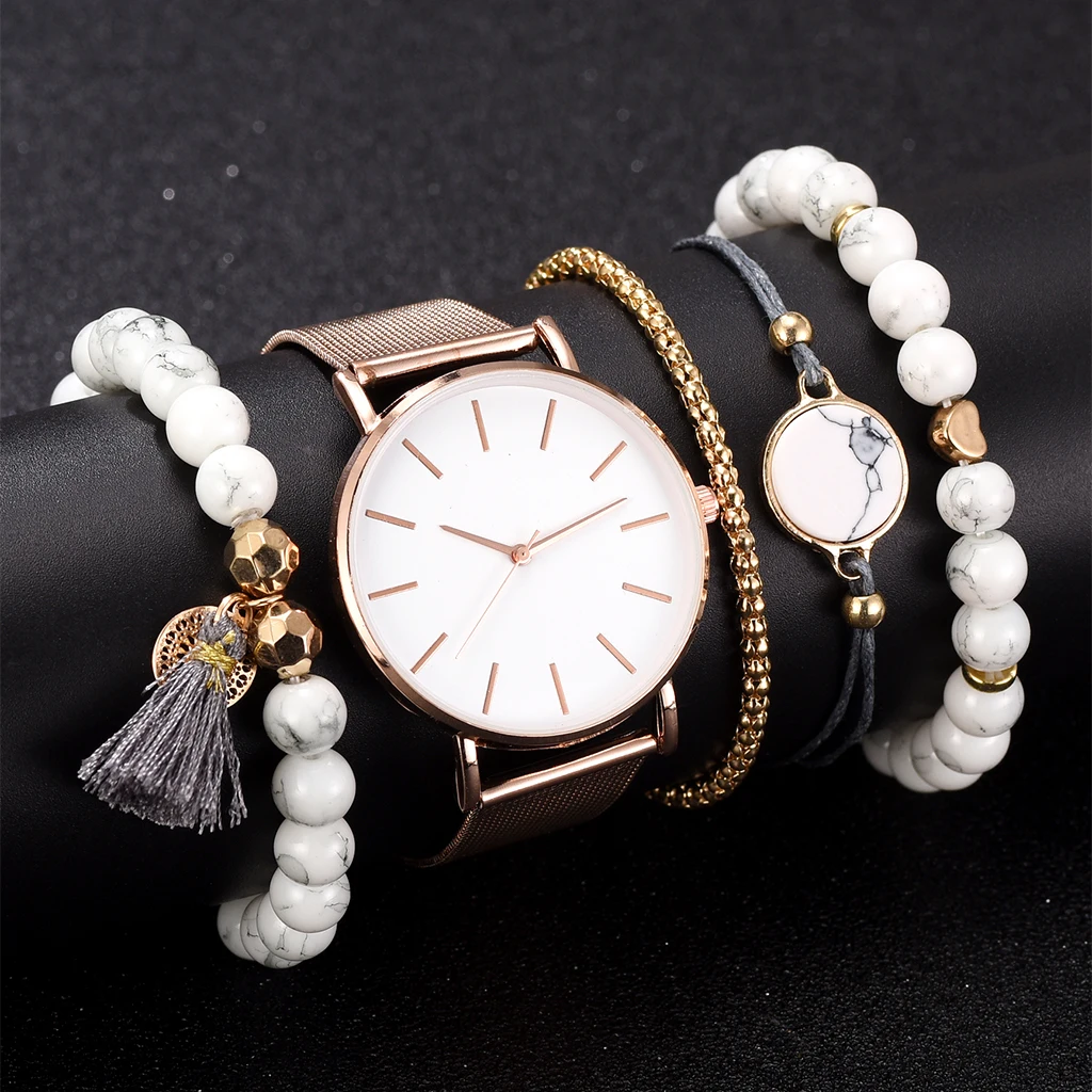 

Frauen Uhr 5 set Armband Japan Quarz Bewegung Einfache Wasserdicht Rose Gold Edelstahl Mesh Damen uhr relogio feminino