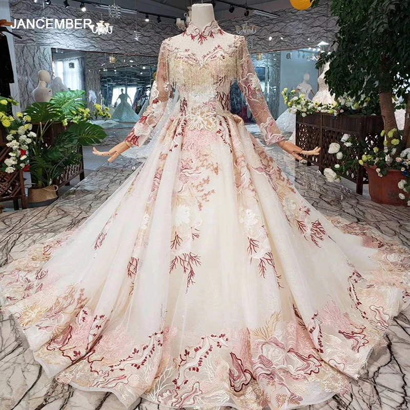 Женское вечернее платье в пол HTL337 мусульманское с кисточками высоким воротом и