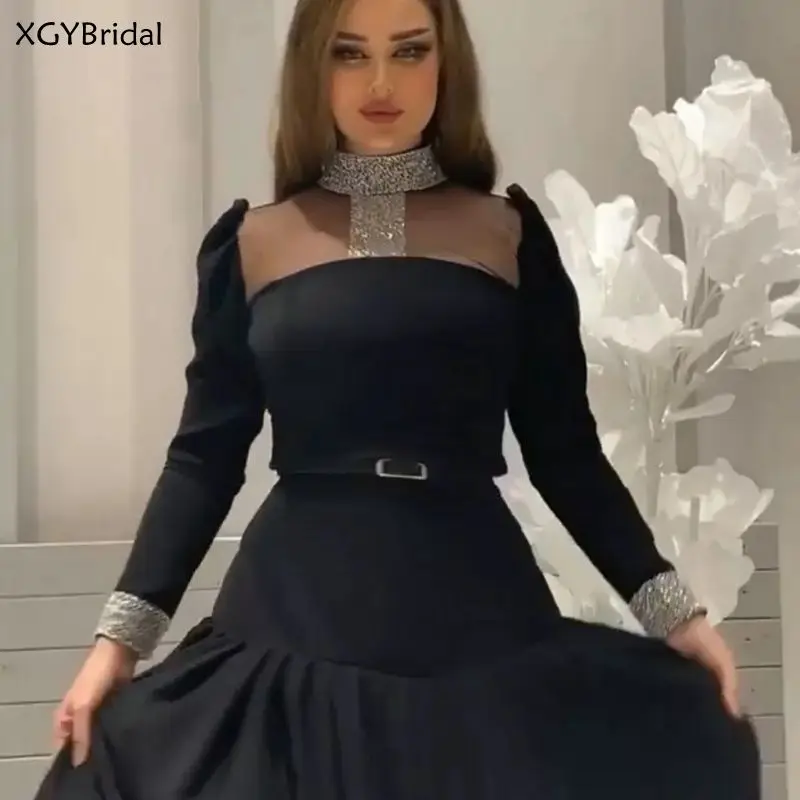 

New Arrival High Neck Prom Dress 2021 Long Sleeves Ankle Length Illusion Beading Elegant Formal Evening Gown Saudi Arabia
