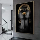 Современная Золотая и черная модель макияжа, настенное искусство, холст для африканских женщин, картины, модный постер для девочек, принты для гостиной, домашний декор
