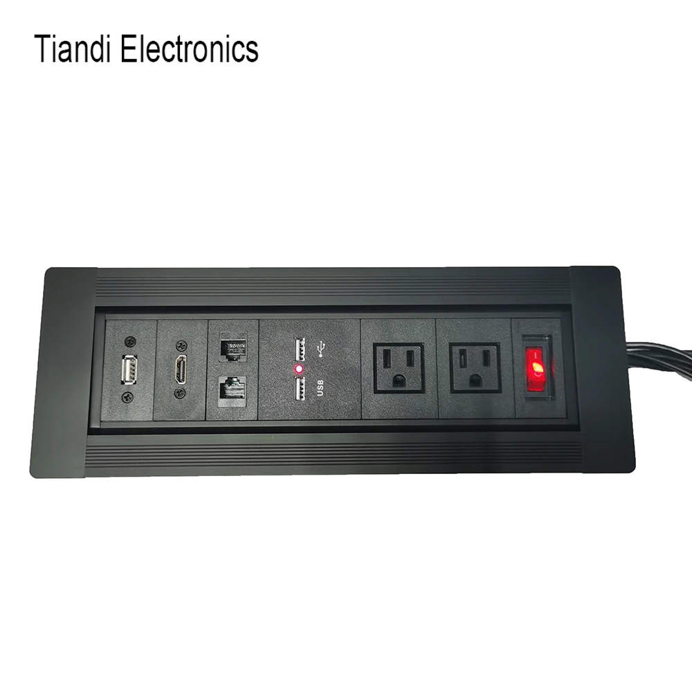 

Hide US power plug outlet manual rotary right angle tabletop socket with switch HDMI USB data and charge dual network interface