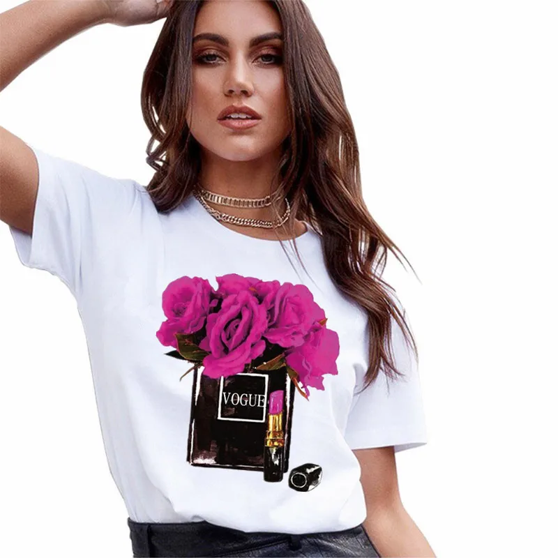 

New Women T-shirt Perfume Vase White T-Shirt Women Summer Flower Short Sleeve Lady Tops Tshirt Ladies Women's Female Tee