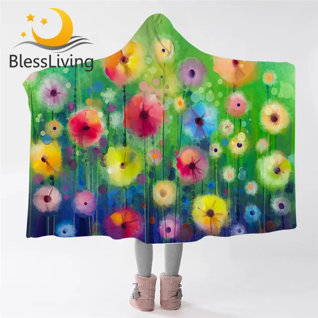 BlessLiving Floral Hooded Blanket for Adults Colorful Flower Sherpa Fleece Blanket Watercolor Wearable Blanket Luxury Bedding 1