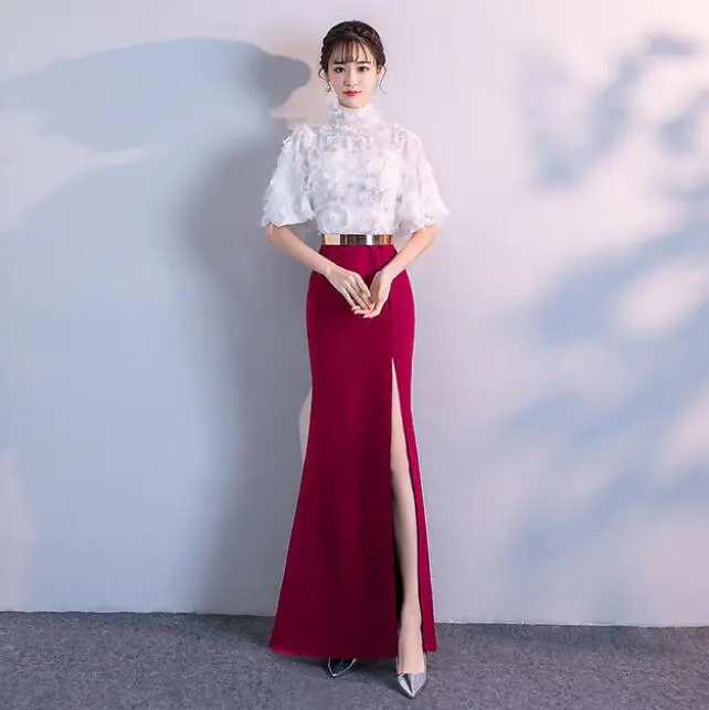 burgundy Тонкий Cheongsam сексуальное длинное Qipao вечернее платье вечерние платья халат китайский традиционный Женский Чино традиционный - Цвет: burgundy