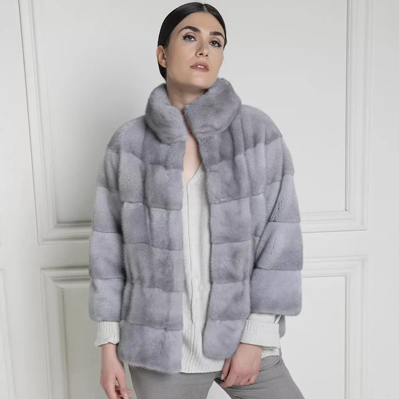 BFFUR Fashion Grey Genuine Mink Fur Jackets Stand Collar 2022 Trendy Natural Woman Fur Coat Outwear Luxury Real Mink Fur Coats