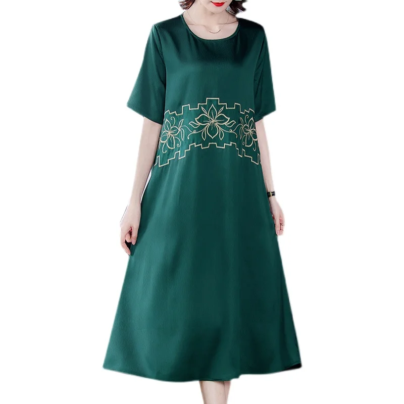 

2021 Summer Vintage Black Print Mulberry Silk Midi Dress Women Casual 4XL Plus Size Short Sleeve Dress Elegant Bodycon Vestidos