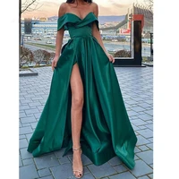 off the shoulder green satin long elegant 2021 prom dresses with leg slit v neck floor length arabic evening gowns robe de soire