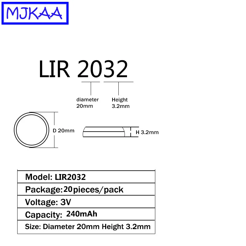 MJKAA 40 шт. LIR2032 3,6 В перезаряжаемая литиевая батарея LIR 2032 кнопочные батарейки для монет многократное использование 500 раз замена