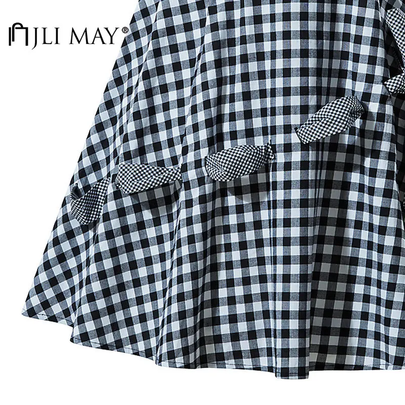 

JLI MAY Women's Plaid Dresses Vintage O-Neck Sleeveless Patchworlk Bow Summer Party night Slim Elegant Dress