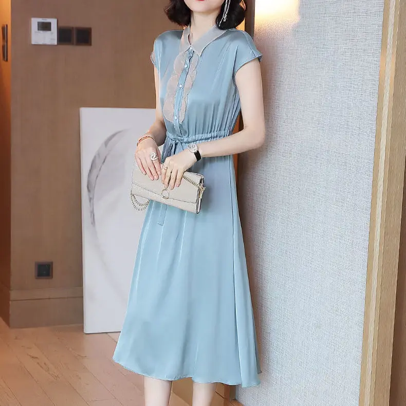 

Satin dress women's spring and summer 2021 new short-sleeved waist slimming mid-length large-length dress