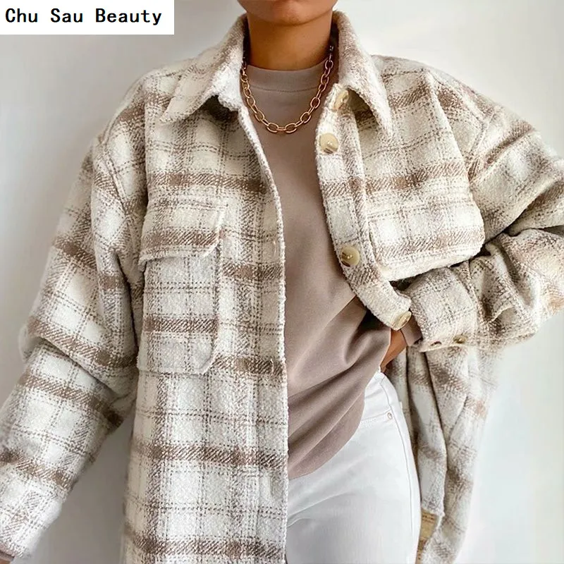 

Chu Sau Beauty Women's Casual Fashion Plaid Shirt Jacket Spring / Autumn Elegant Loose High Street Ladies Blouse Oversized Coat